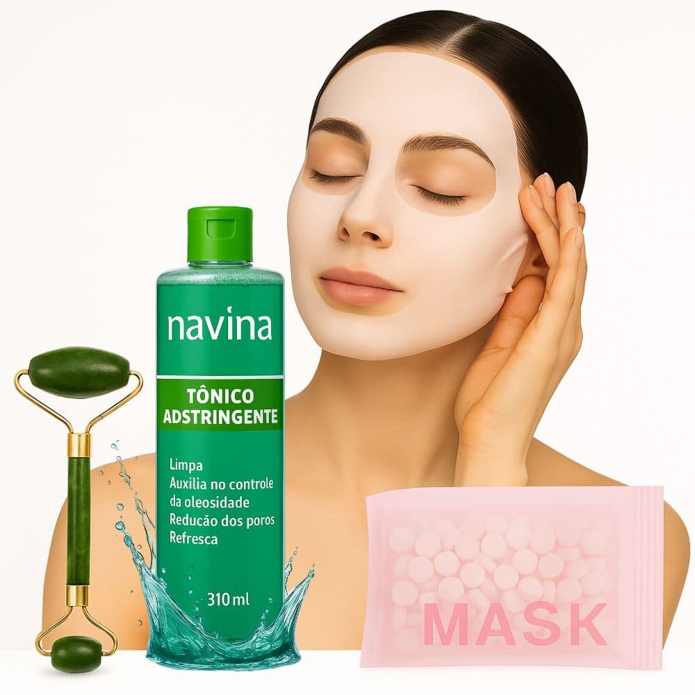 Kit Skincare Facial com Rolo Jade, Tônico Navina e Máscara Desidratada para Hidratação e Limpeza