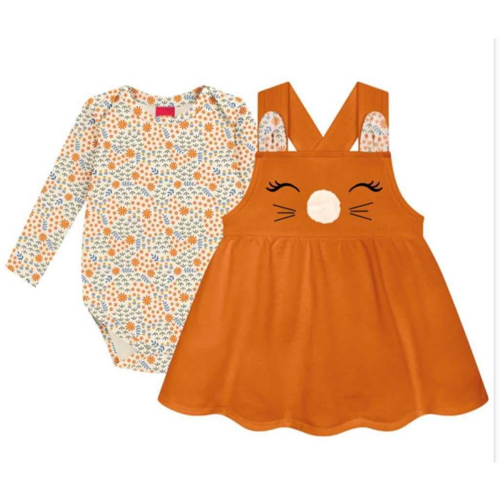 Conjunto Bebê Menina Salopete Em Moletinho E Body Em Cotton  Coelhinho Kyly