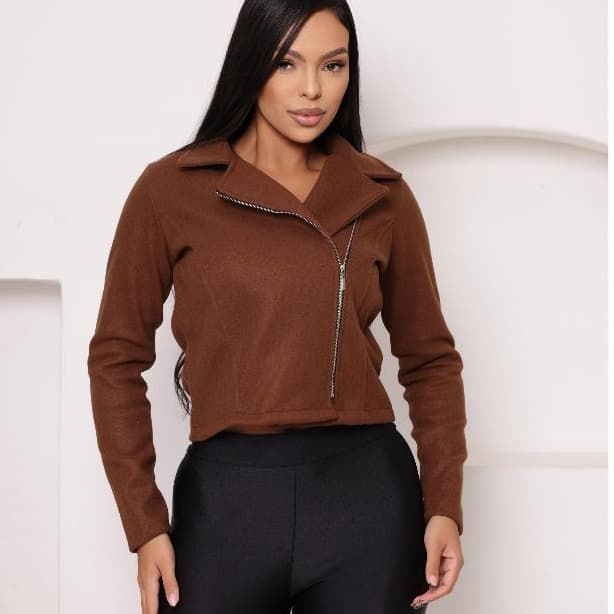 Jaqueta Feminina Suede Com Ziper Jaqueta Curta Manga Longa Inverno