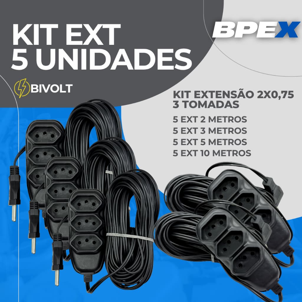 Kit 5 Unidades Extensão Elétrica Bivolt 3 Tomadas Preta | Vários Metragens - 2, 3, 5, 10 Metros