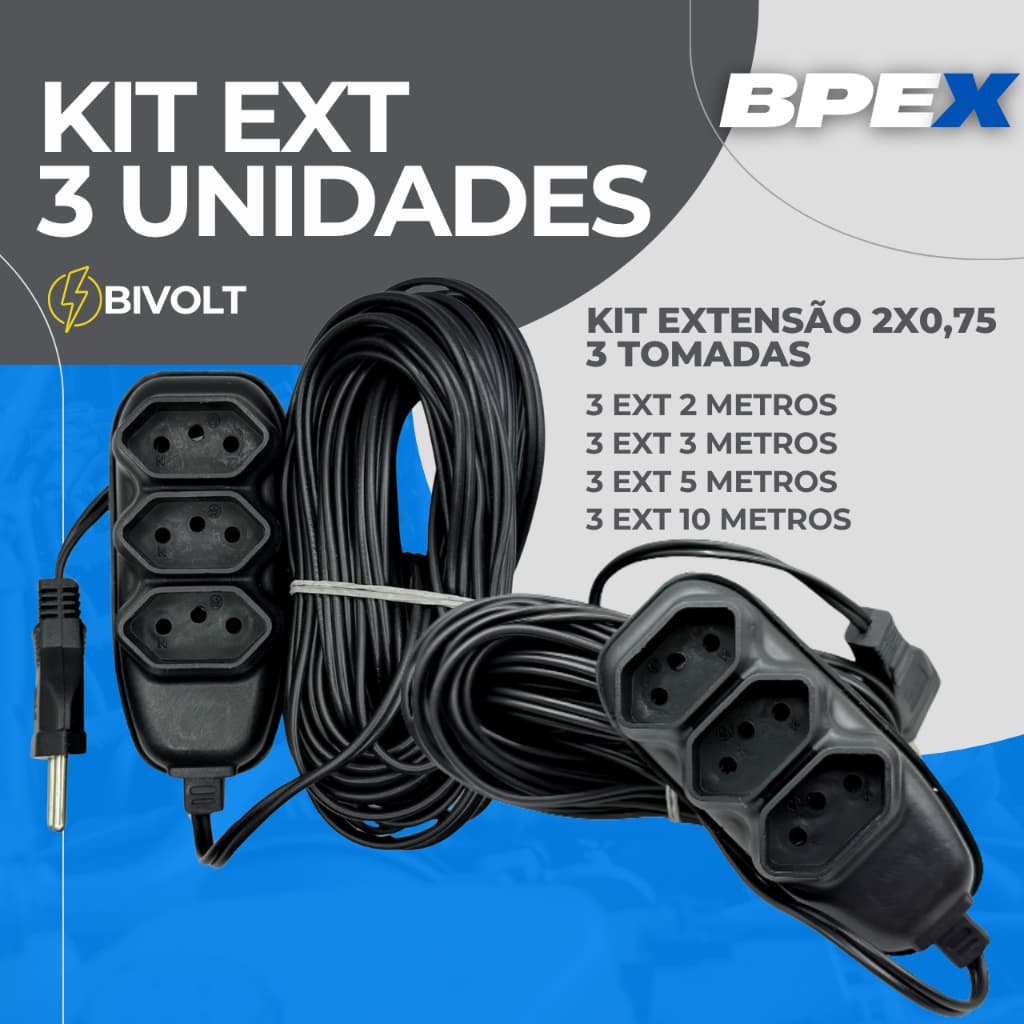 Kit 3 Unidades Extensão Elétrica Bivolt 3 Tomadas Preta | Vários Metragens - 2, 3, 5, 10 Metros
