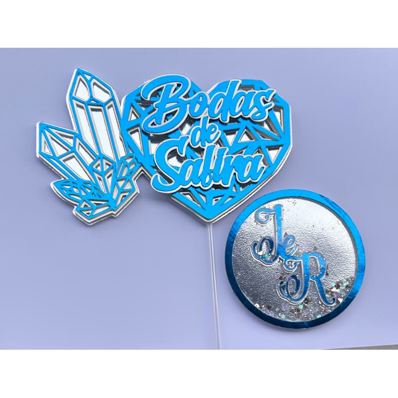 Topo de Bolo Bodas de Cristal 15 anos Prata. Bodas de Safira 45 anos Azul com Palito