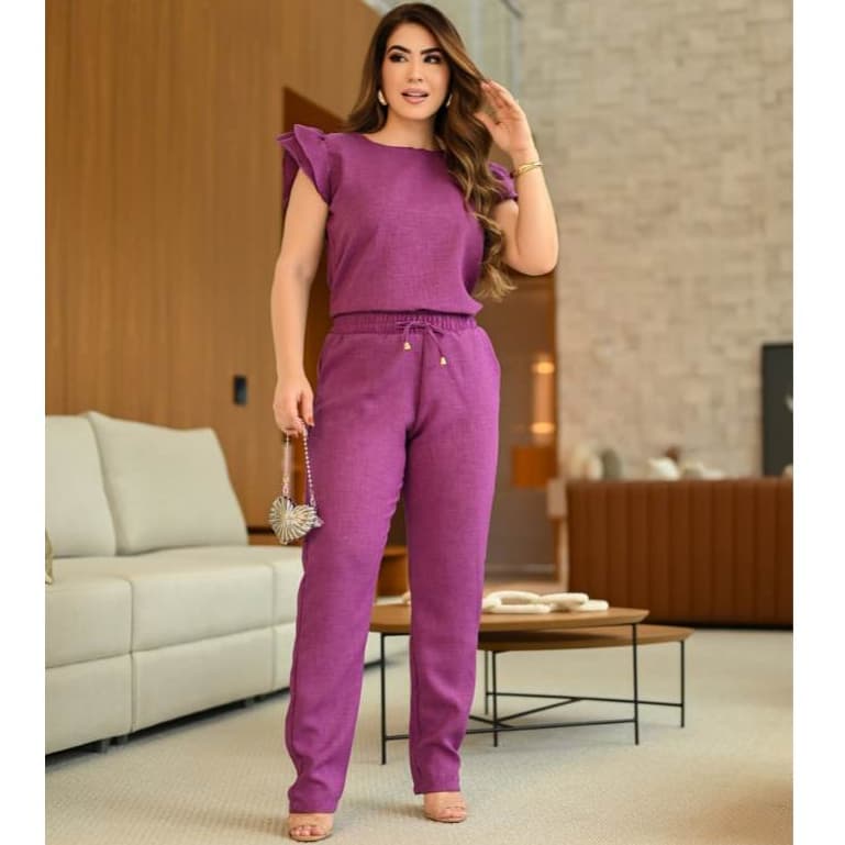 Conjunto Feminino Casual Sofisticado De Blusa Calça em Linho Cores Primavera Verão Inverno 2025 Roupa Feminina Chique