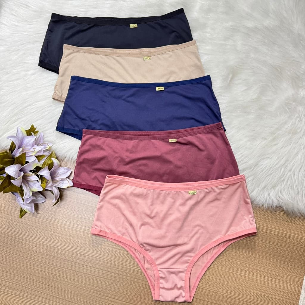 Kit Calcinhas Calçola Senhora Plus Size Hot Pants Conforto Cós Alto Cintura Alta Viés Largo
