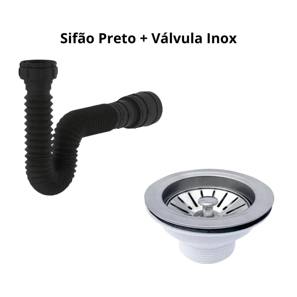 Sifão Flexivel Preto + Valvula Americana de Escoamento 3.1/2 Pia Cuba Cozinha Aço Inox
