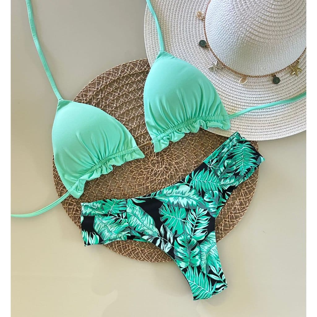 Conj. Top C/ Babado Verde Água Cortininha Fio Duplo Borboleta Verde Folhagem
