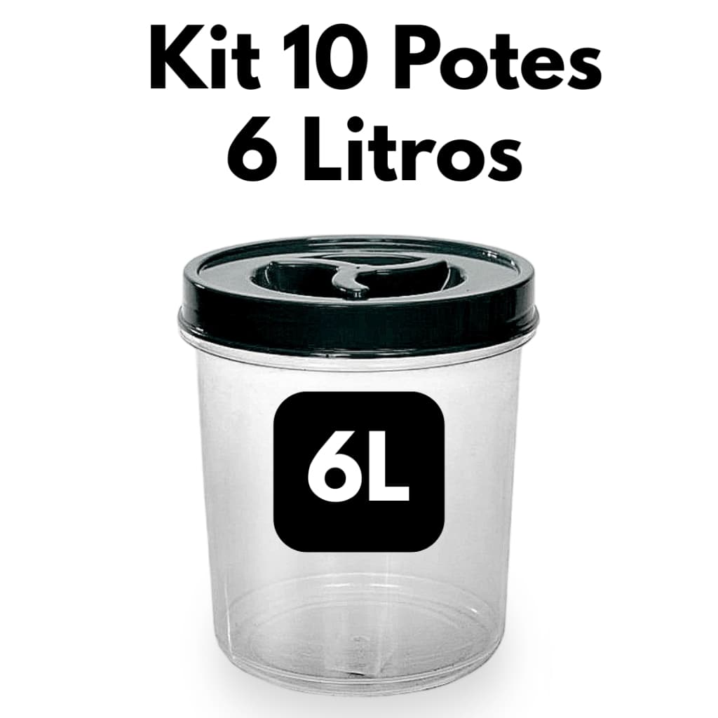Jogo 10 Potes de 6 Litros Pote Mantimento Redondo Transparente Tampa Rosca BRA FREE Arroz Feijão
