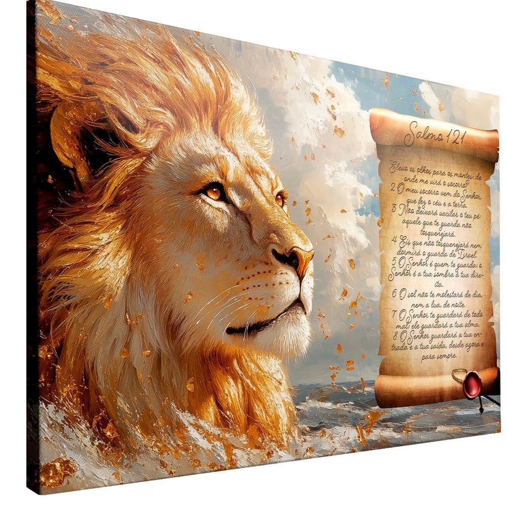 Quadro Decorativo Leão Judá Fé em Chamas e Silêncio de Ouro Salmo 121 Estilo Abstrato Religioso Família 112x80