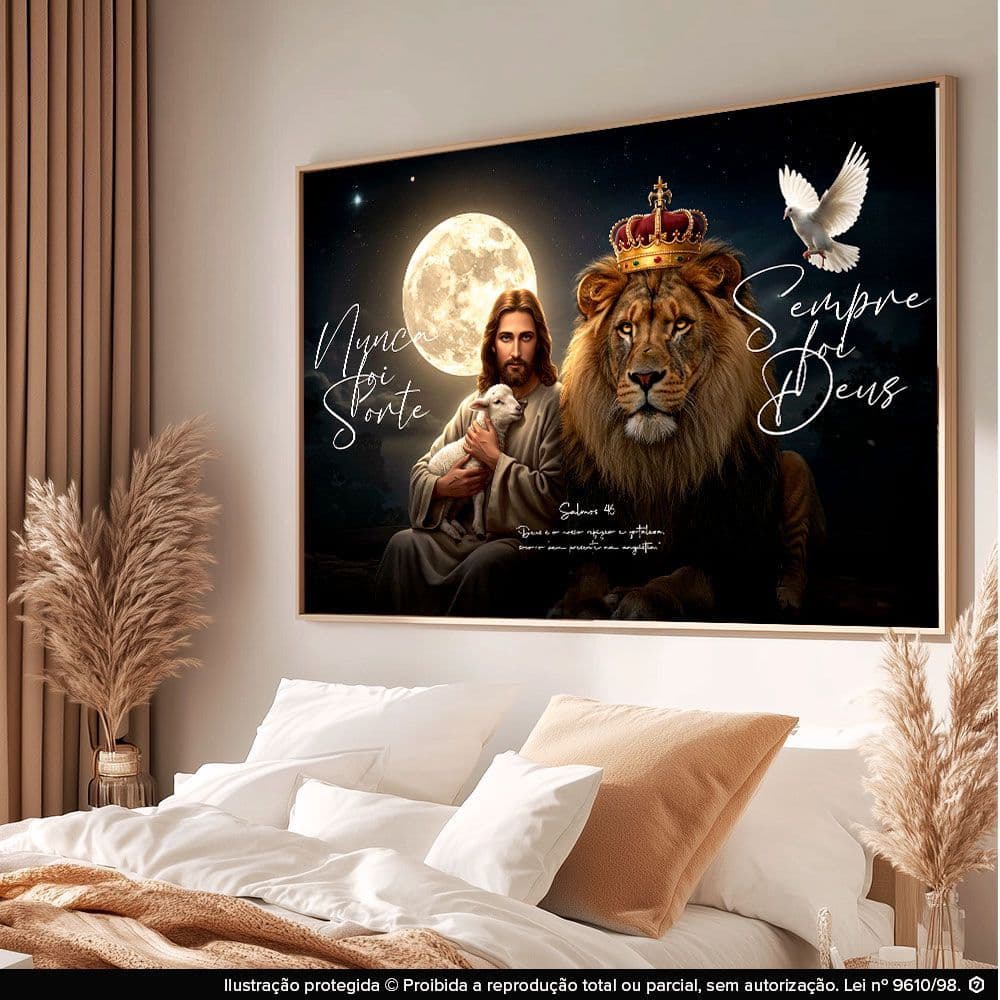Quadro Decorativo 112x80 Rei dos Reis Leão Coroa Cordeiro e Jesus Cristo