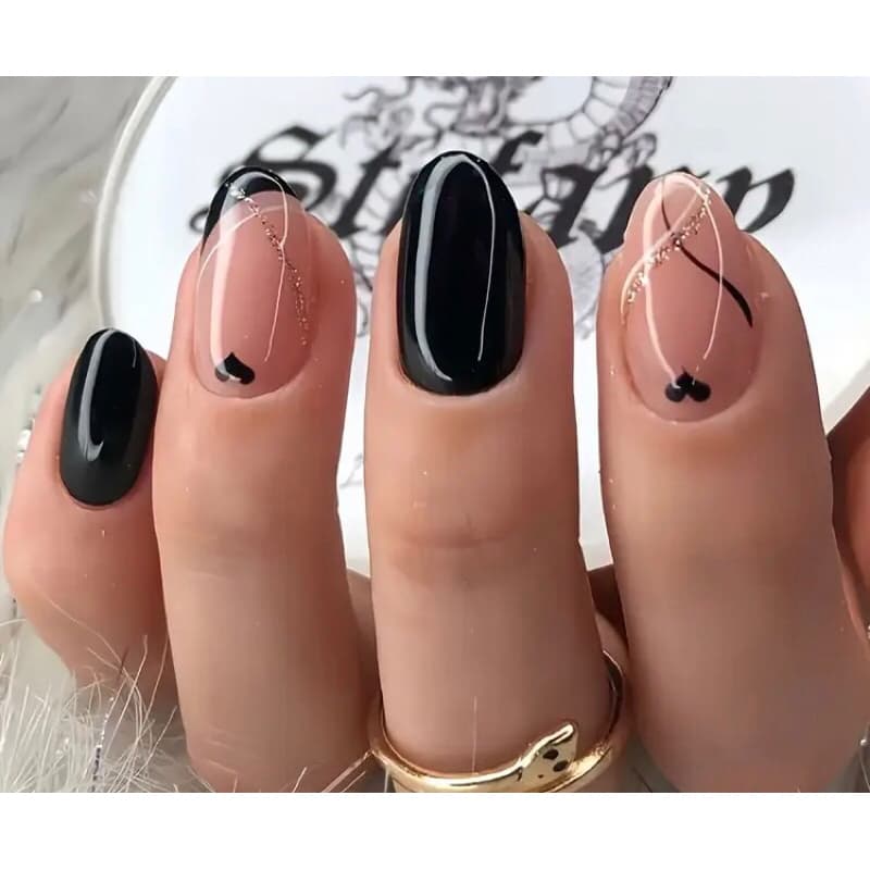 24 Unhas Postiças LuxeAlley em forma de amêndoa, ponta preta com design de estrela e rhinestones, comprimento médio se