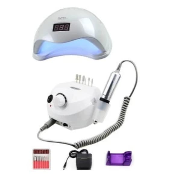 Kit Unhas Cabine Sun 5 Led 48w + Motor Porquinho Lixa Lixadeira Unhas Elétrica