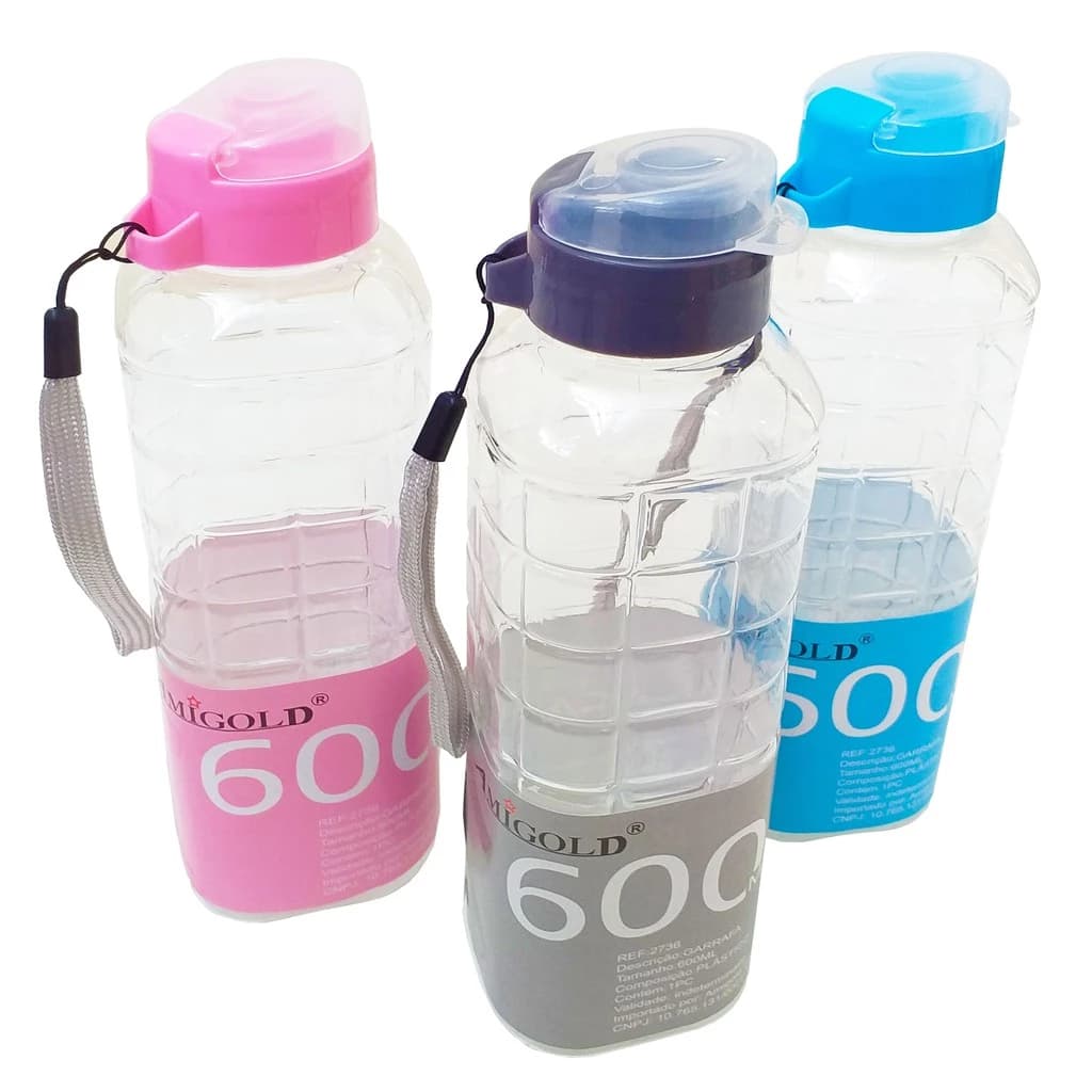 Kit com 3 Garrafas Squeeze De Água Para Academia 600ml Fitness