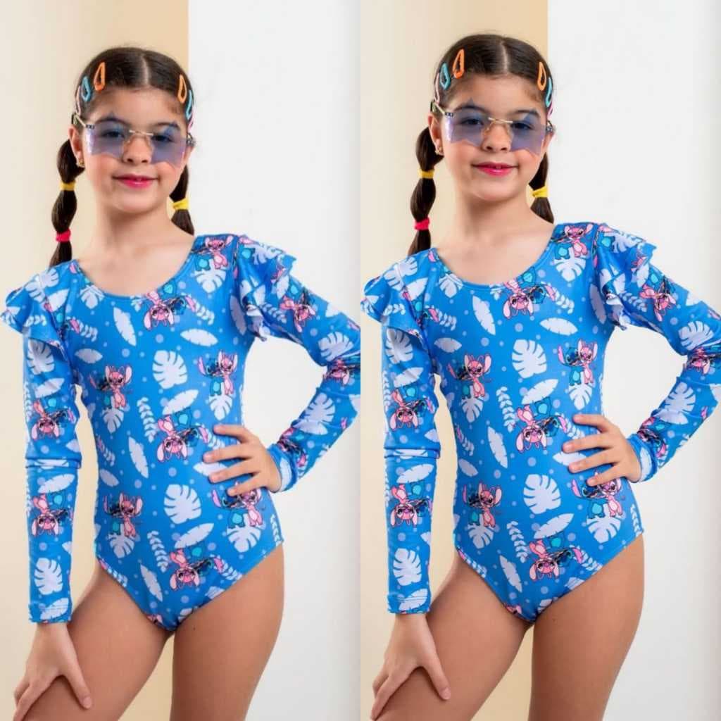 Maiô Infantil Manga Comprida Com Proteção UV 50+ Stitch