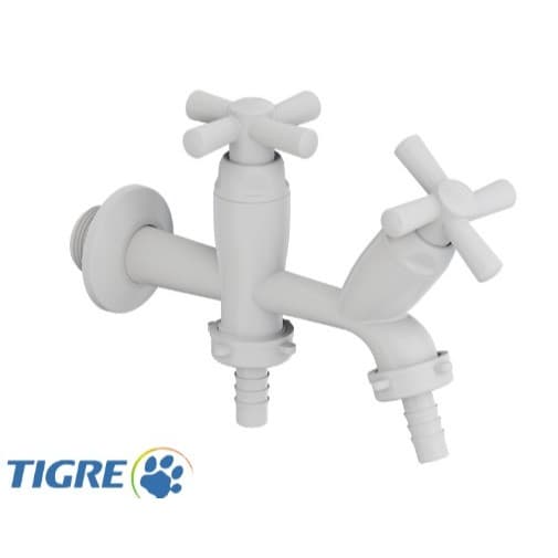 Torneira Plástica Para Tanque E Máquina 2 Saídas Cross 1/2 - 3/4 ABS Branca Tigre