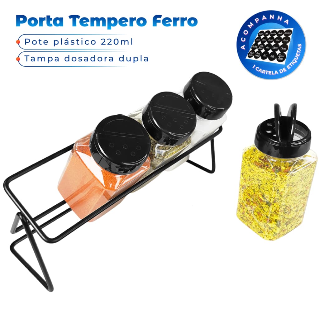 Suporte de Mesa para Temperos Condimentos + 4 Potes 220ml Tampa Dupla com Etiquetas