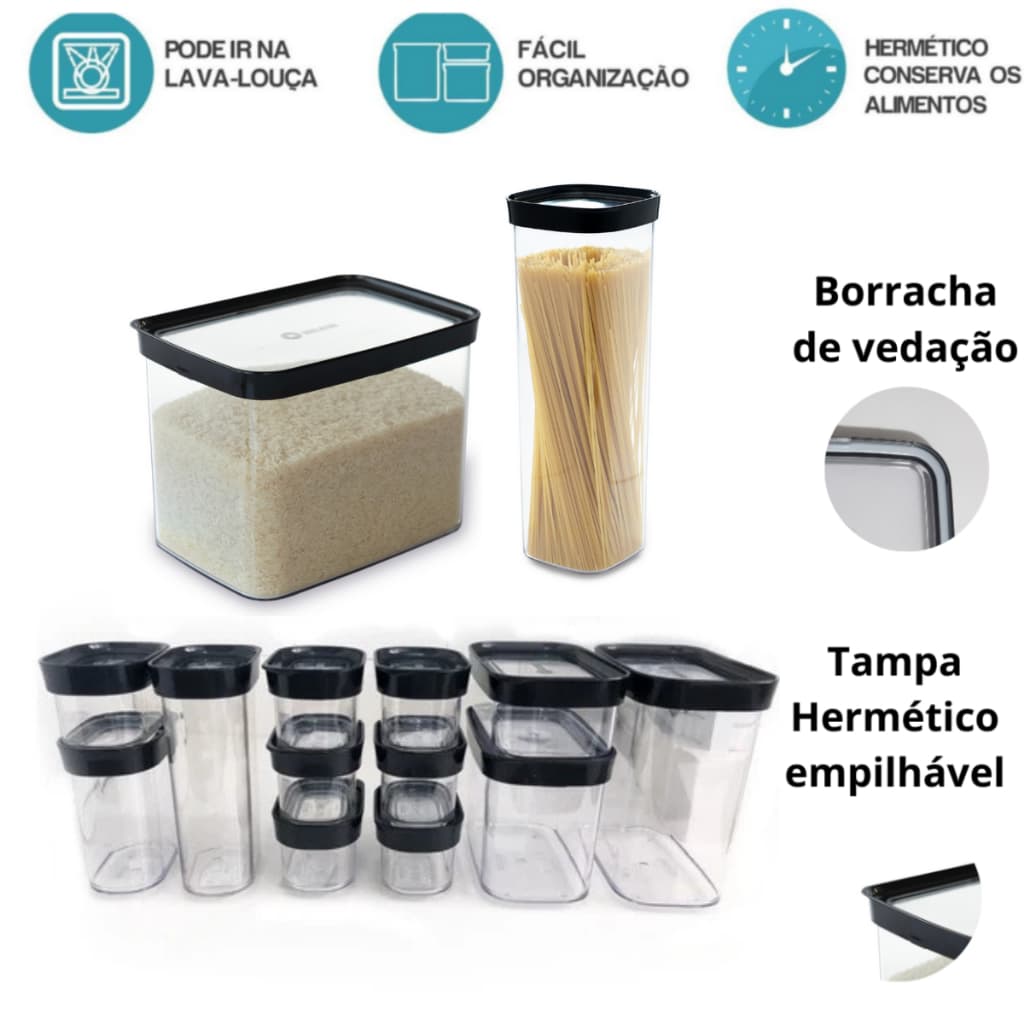 Kit 14 potes Herméticos - Arroz, Pães, Macarrão, Farinha e Outras Utilidades - Organização de armarios | Livre BPA