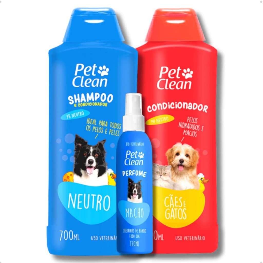 Kit Shampoo Neutro 700ml + Condicionador 700ml + Perfume ou sem Perfume para Cães e Gatos Pet Clean