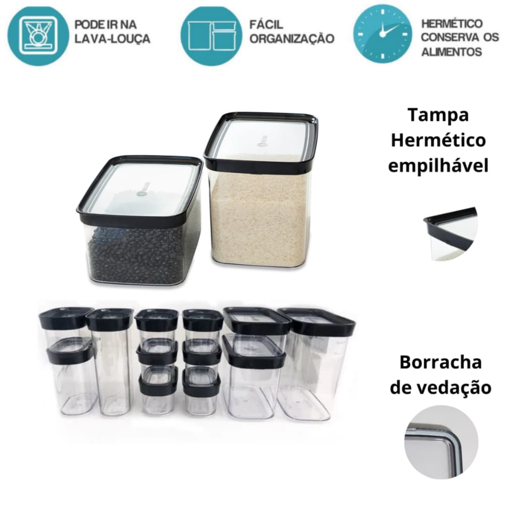 Kit 14 potes Herméticos - Arroz, Pães, Feijão, Farinha e Outras Utilidades - Organização de armarios | Livre BPA
