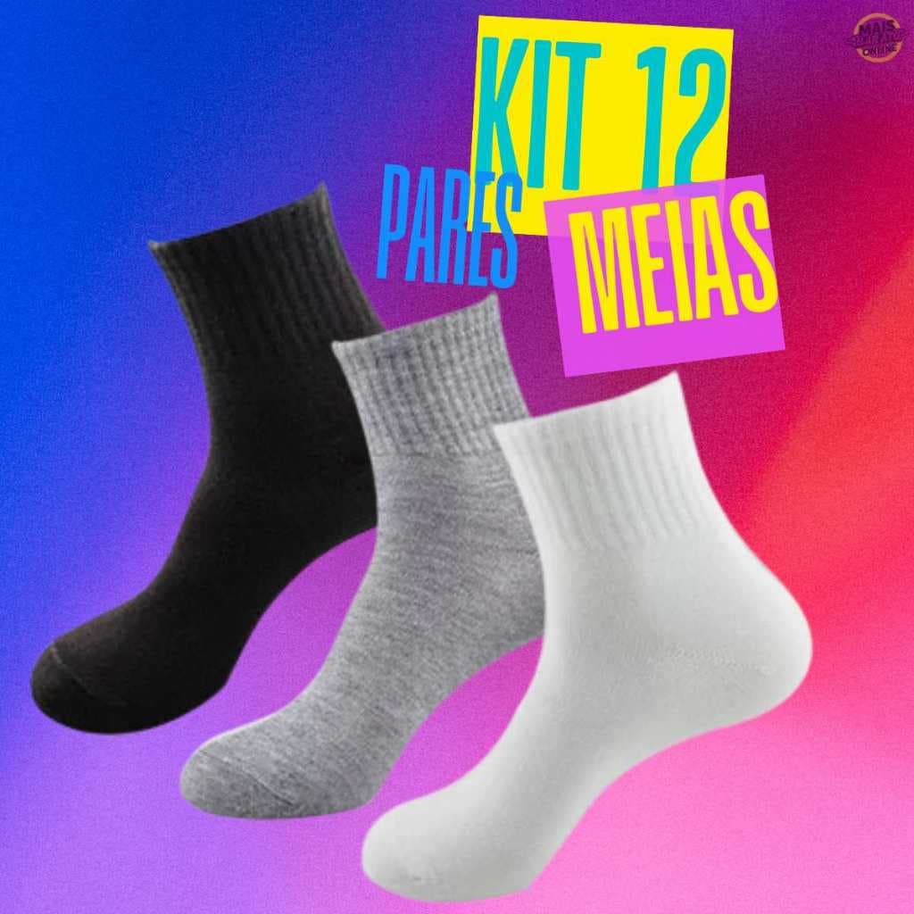 Kit 12 Pares de Meia Masculino Cano Longo Poliéster Algodão Confortável Esportiva Meia Cano Alto