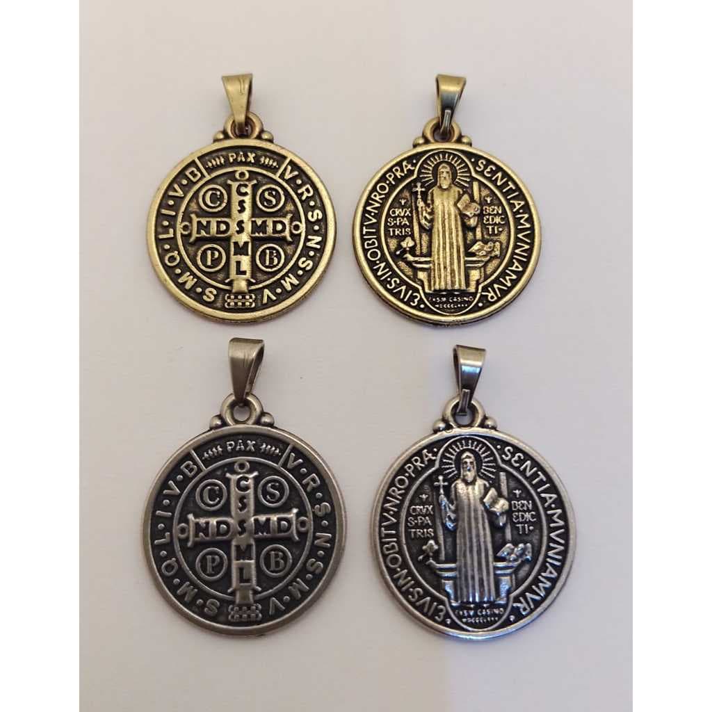 MEDALHA SÃO BENTO  DE METAL 20mm PRATA VELHA E OURO VELHO