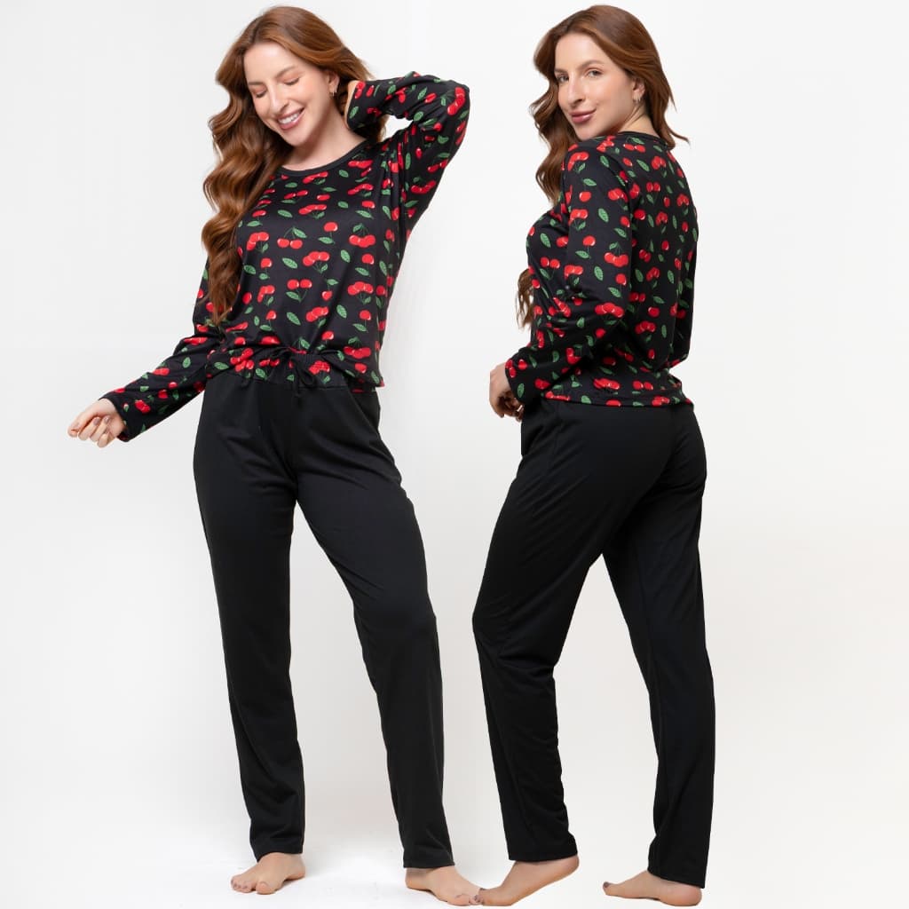 Pijama Bravaa Store Longo Estampado Linha Noite De Malha Suede Confortável Inverno 014