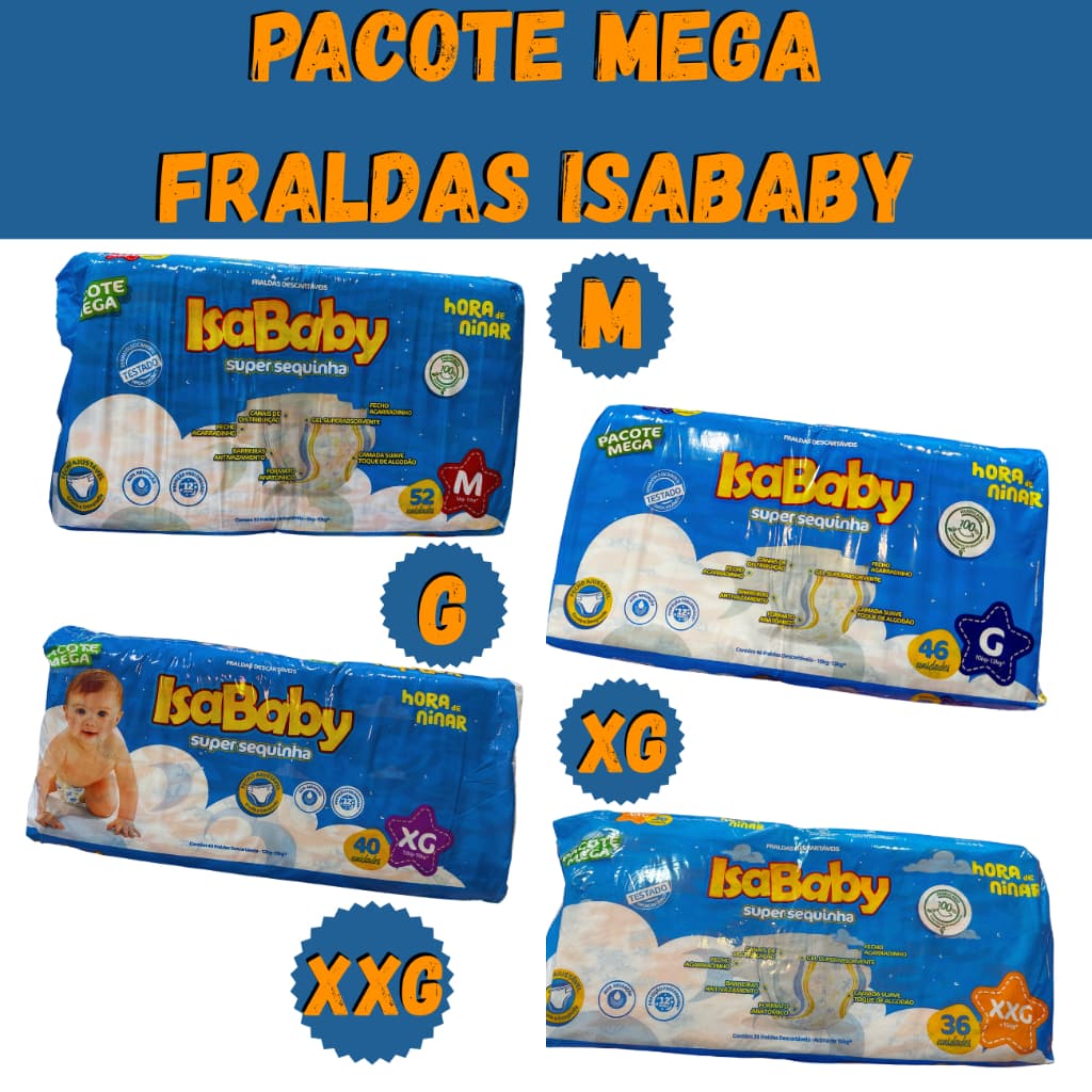 Fralda Infantil Super Sequinha Mega M G XG XXG Fecho Ajustável Hipoalergênico Pacote Grande Proteção Prolongada IsaBaby