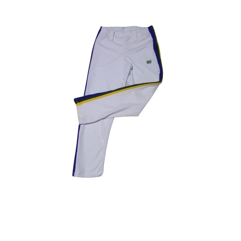 CALÇA DE CAPOEIRA BRANCA COM LISTRAS DAS CORES DA BANDEIRA