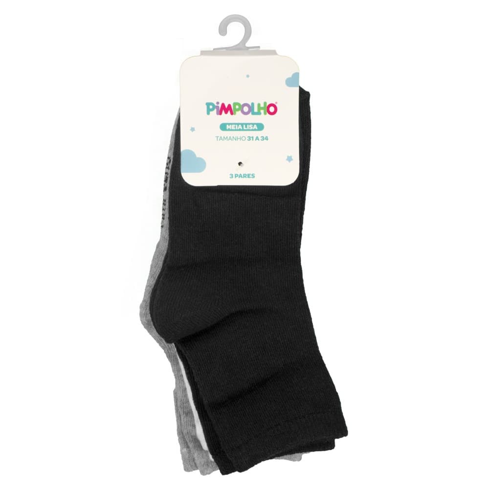 Kit 03 Pares de Meias Infantil Tam 31 a 34 Algodão PIMPOLHO Lisa Confortável Idade 07 a 10 anos