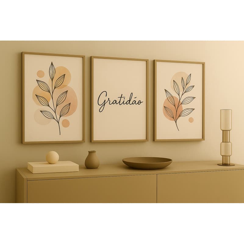 Quadro Decorativo 3 Peças Moderno Flores Neutras Gratidão Sala Quarto