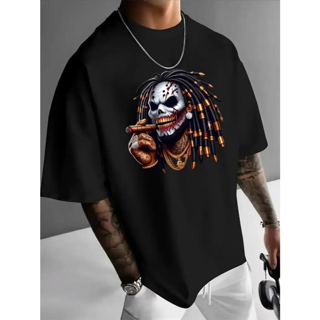 Camiseta Algodão Premium Streetwear Casual Basica Caveira Reggae