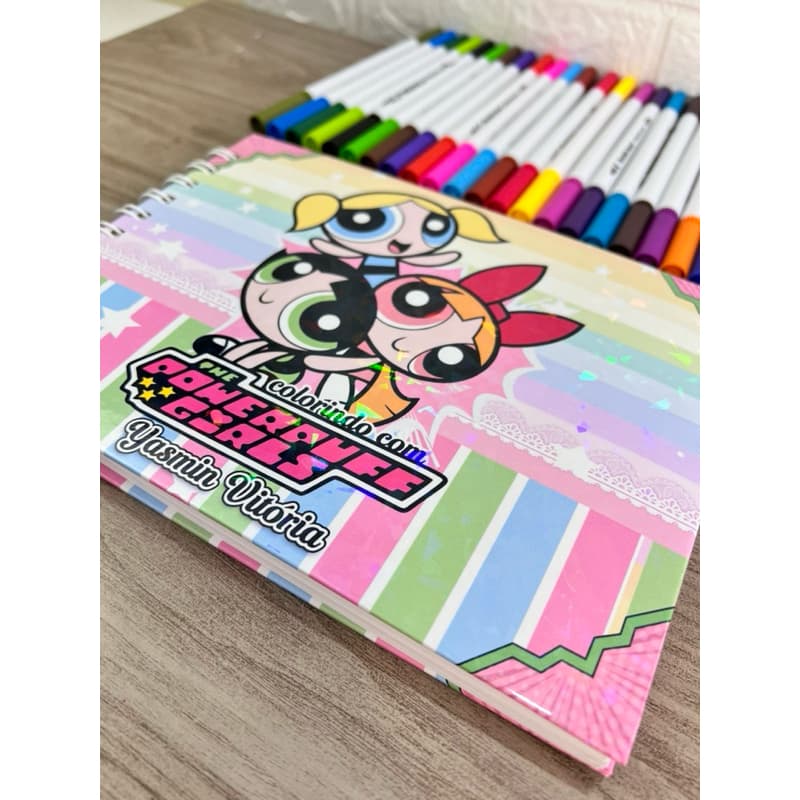 Livro de Colorir Meninas Super Poderosas capa Dura Personalizada com Nome 50 desenhos 189g Caderno de Colorir