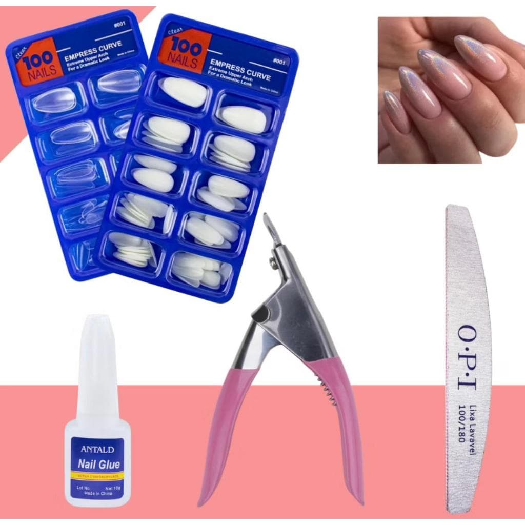 KIT UNHA POSTIÇA BAILARINA REALISTA - Leitosa ou Transparente +Cola com Pincel Cortador de Tips+Lixa