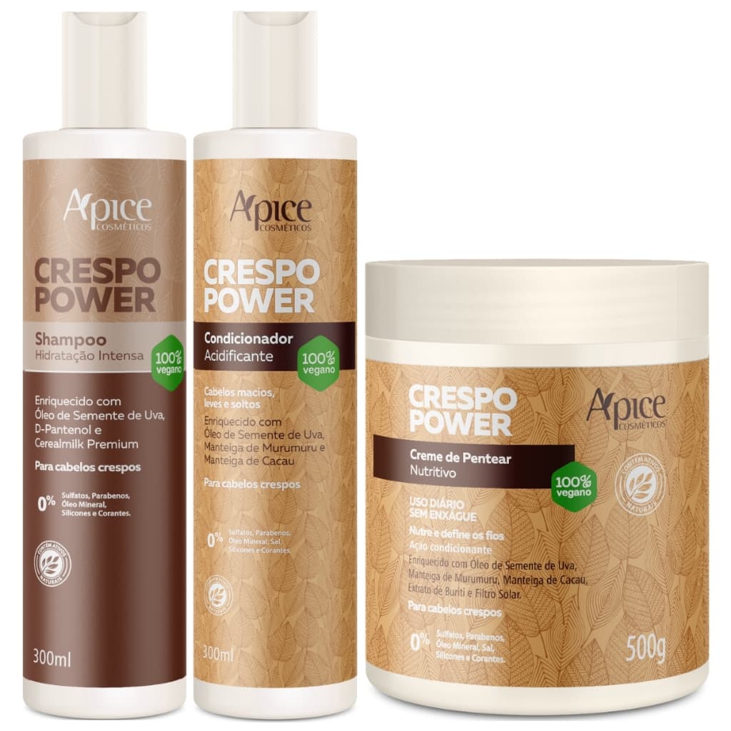 Apice Apse Crespo Power Shampoo Condicionador Acidificante Creme Pentear Nutrição Filtro Solar 500g