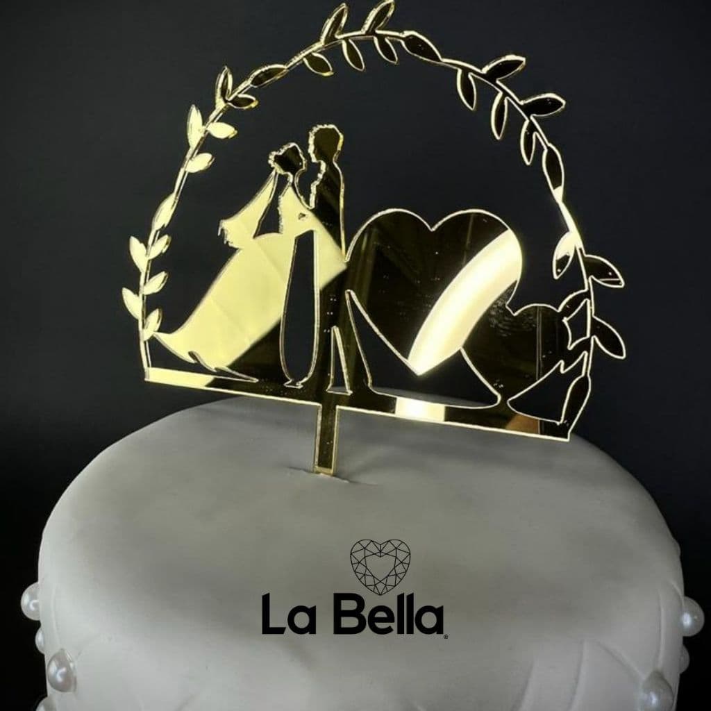 Topo de bolo Casamento Portal Casal com coração Noivos Amor Luxo Acrílico Espelhado