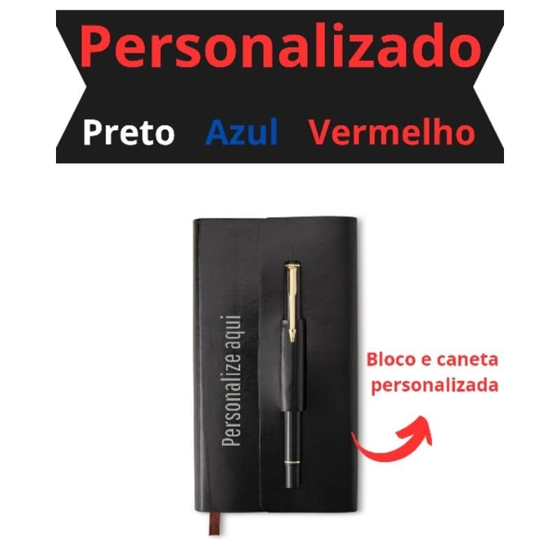 Kit bloco e caneta personalizado para anotações caderneta executivo luxo capa couro sintético