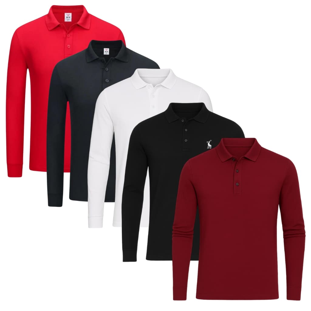 Kit Camisas Gola Polo Masculina Slim em Algodão Piquet Manga Longa