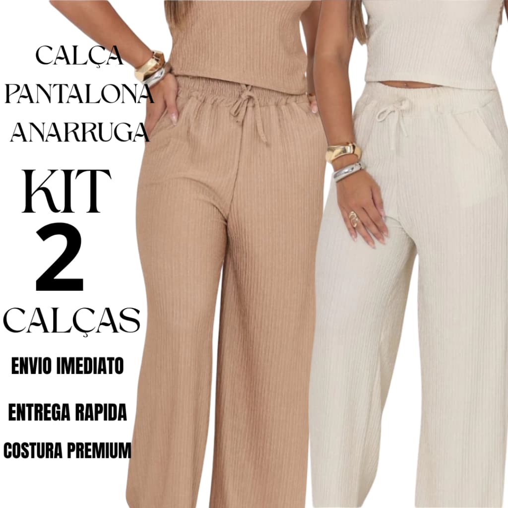Kit 2 Calça Feminina Pantalona Anarruga Com Bolso Cintura Alta Pantalona Social Elegante Anarruga