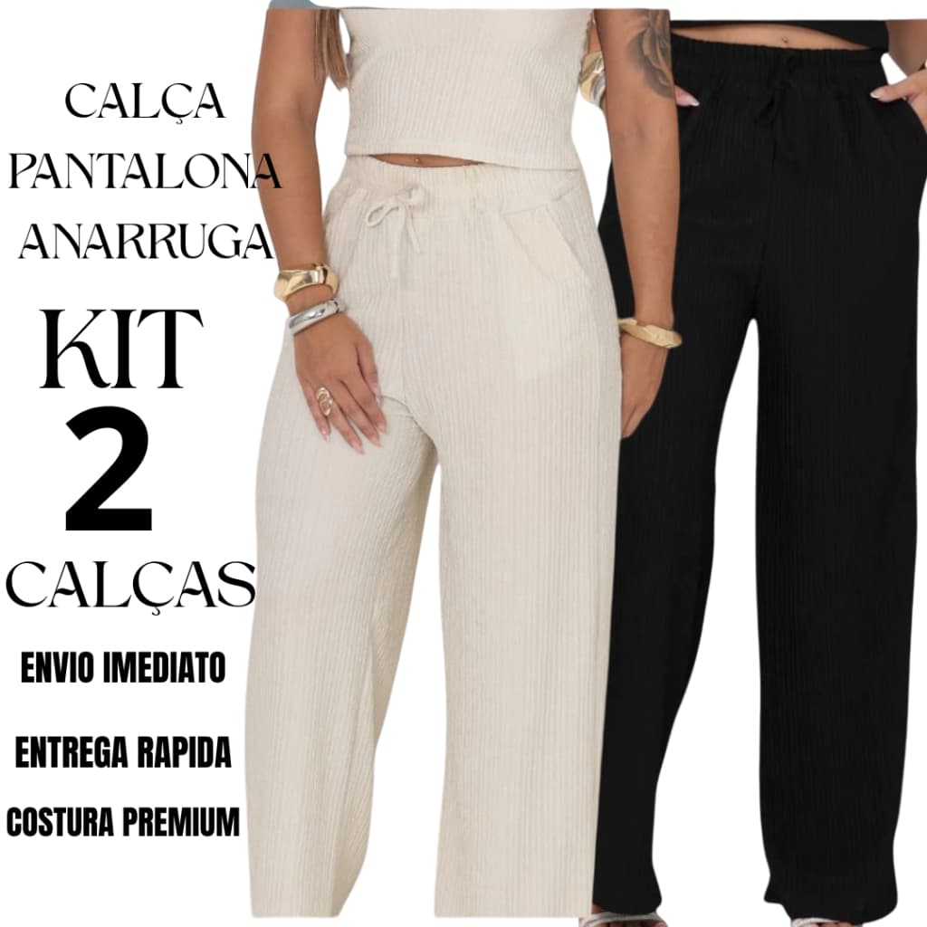 Kit c/02 Calça Pantalona Feminina Cintura Alta Anarruga Com Bolso