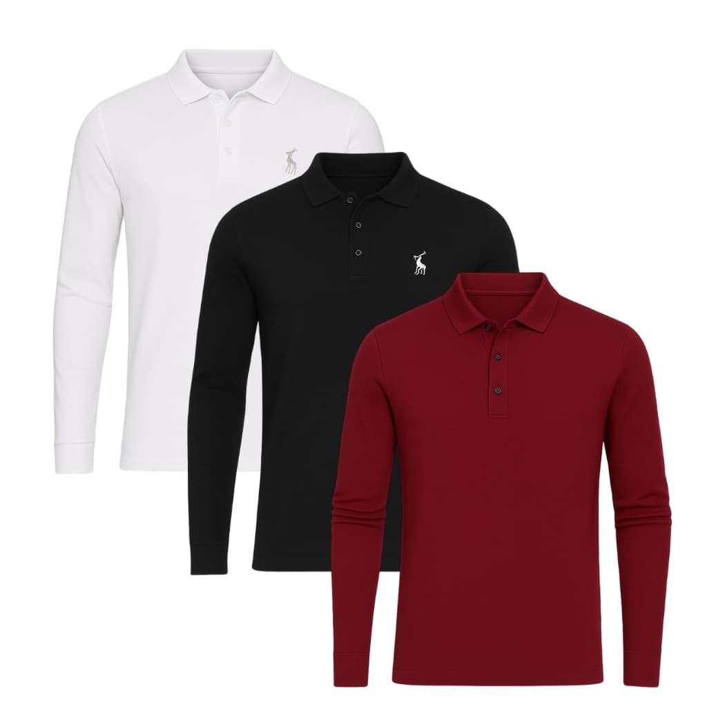 Kit 3 Camisas Gola Polo Masculina Slim em Algodão Piquet Manga Longa