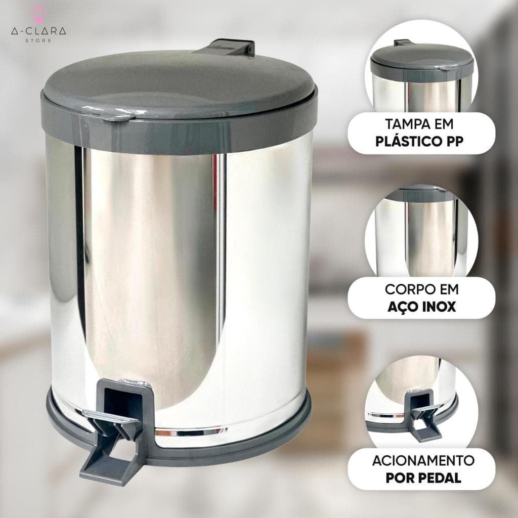 Lixeira 12 Litros Inox com Pedal e Tampa Cesto de Lixo Cozinha Banheiro Escritório