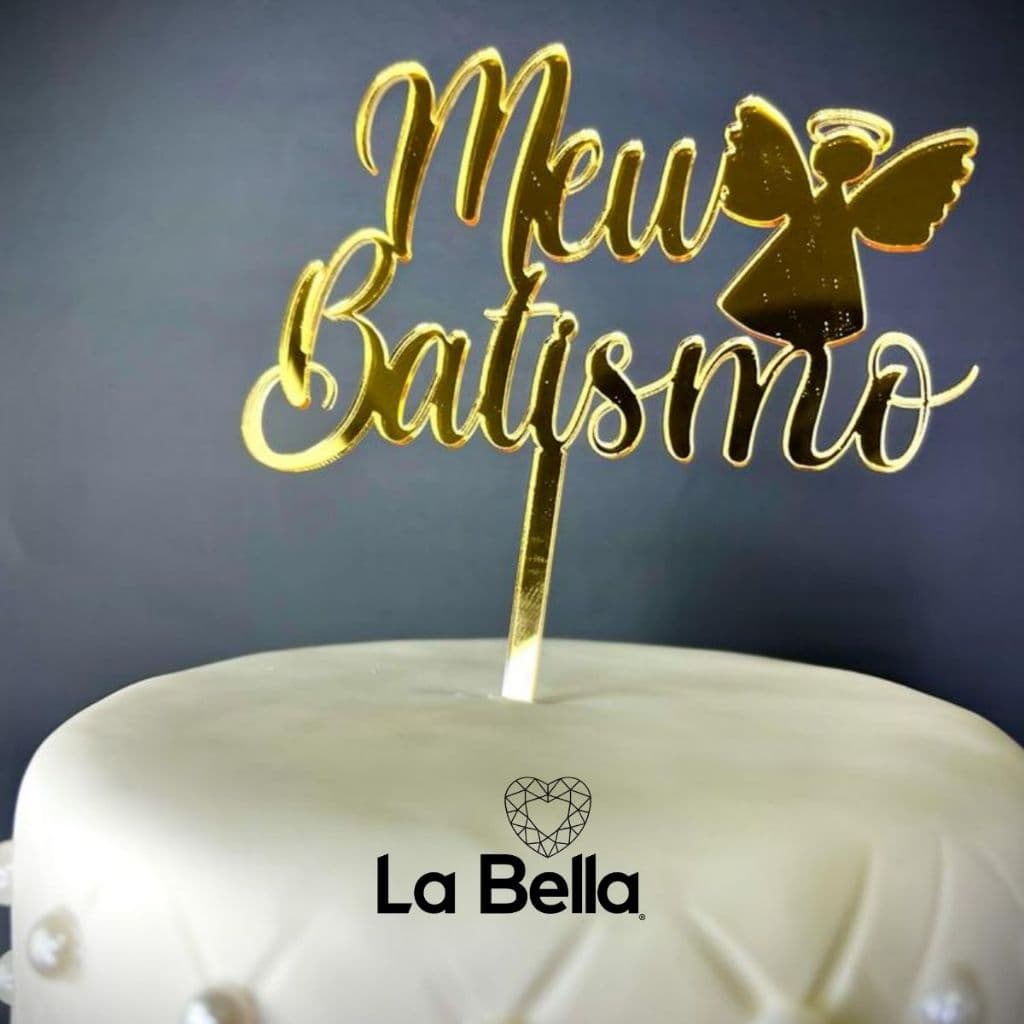 Topo de bolo Meu Batismo com Anjo para Batizado anjinho em Acrílico Espelhado - festa religiosa luxo
