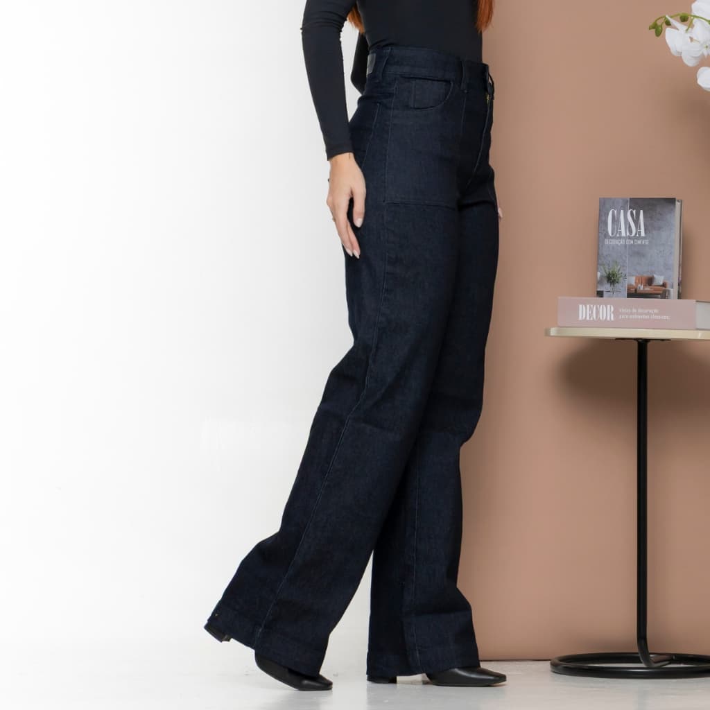 Calça Jeans Feminina Sawary Wide Leg Original Cintura Alta Com Lycra Elastano Comprida Azul Escuro