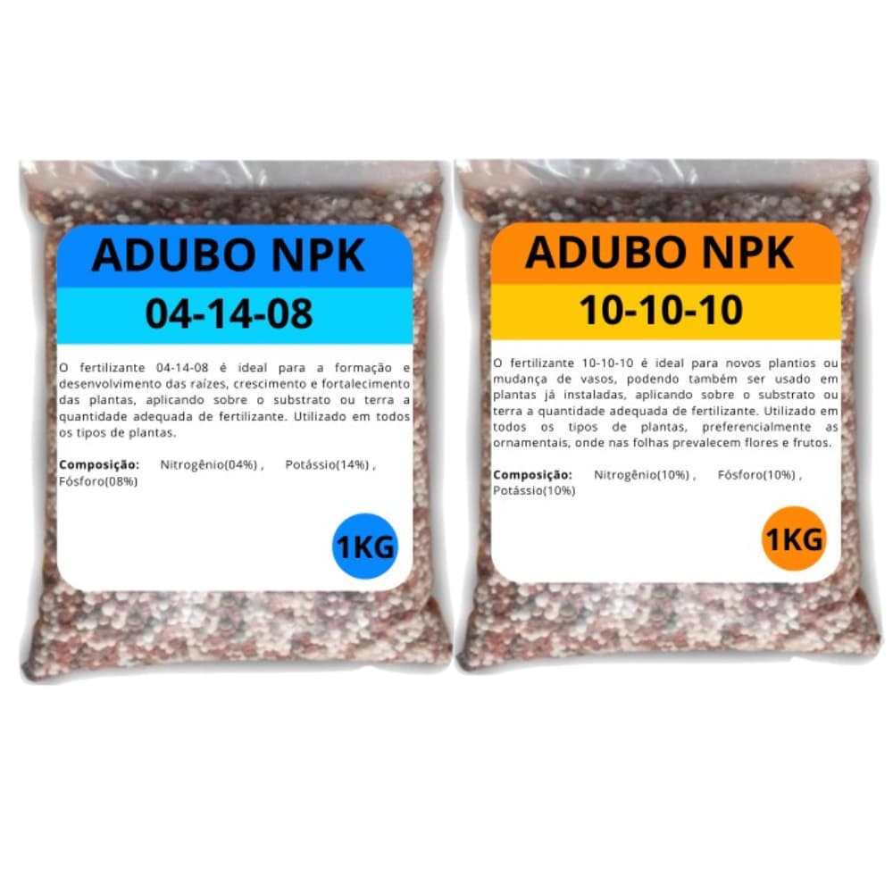 Kit Adubo Fertilizante NPK 10.10.10 + 04.14.08 1KG - Plantas, Flores, Rosas Deserto, Samambaia