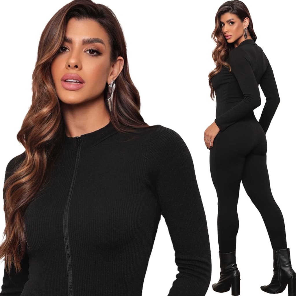Macacão Virginia Manga Longa Ziper Moda Gringa Canelado Anarruga Premium Luxo Modelador
