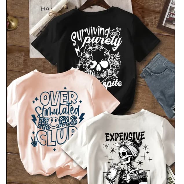 Kit 3 Camiseta Feminina T-shirt Caveira Expensive 100% Algodão Rock And Roll