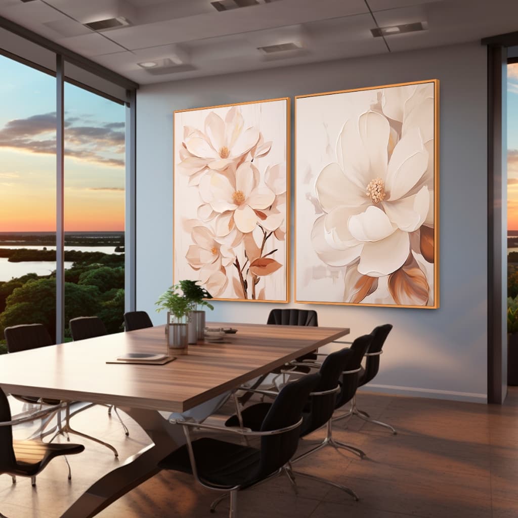 Conjunto 2 Quadros Decorativos Pureza em Pétalas, Sala, Quarto, Escritório, Acabamento Luxo Moldura