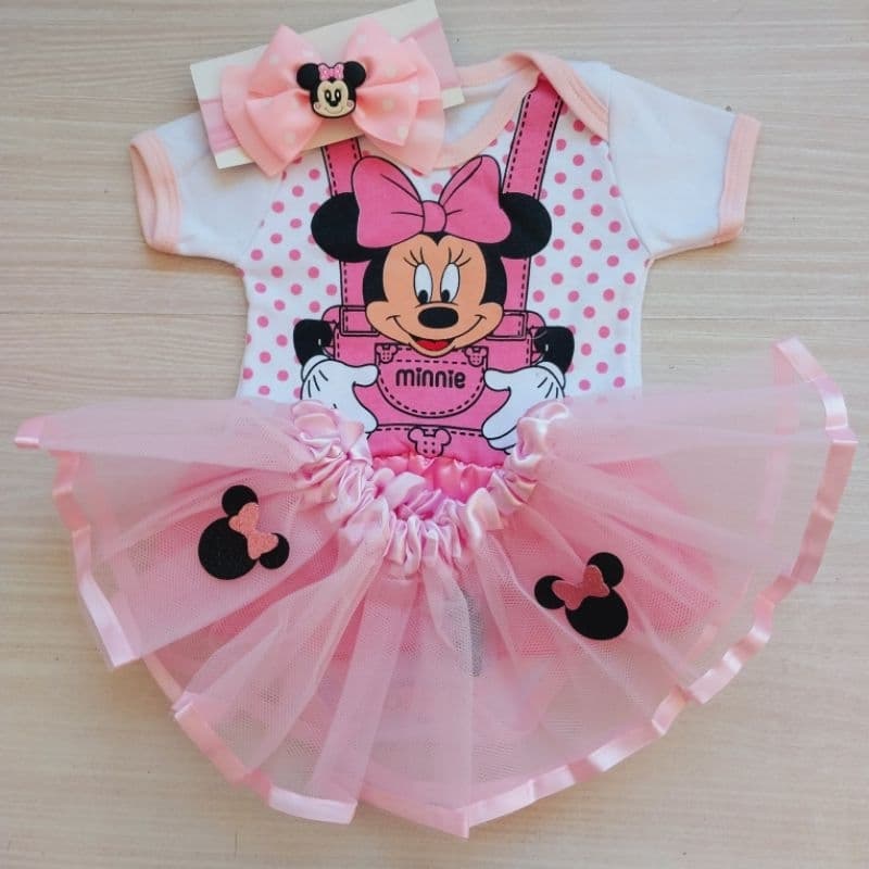 Body Mesversário Minie Rosa Saia Laço Bebê Fantasia/Temático Smach Cake Baby