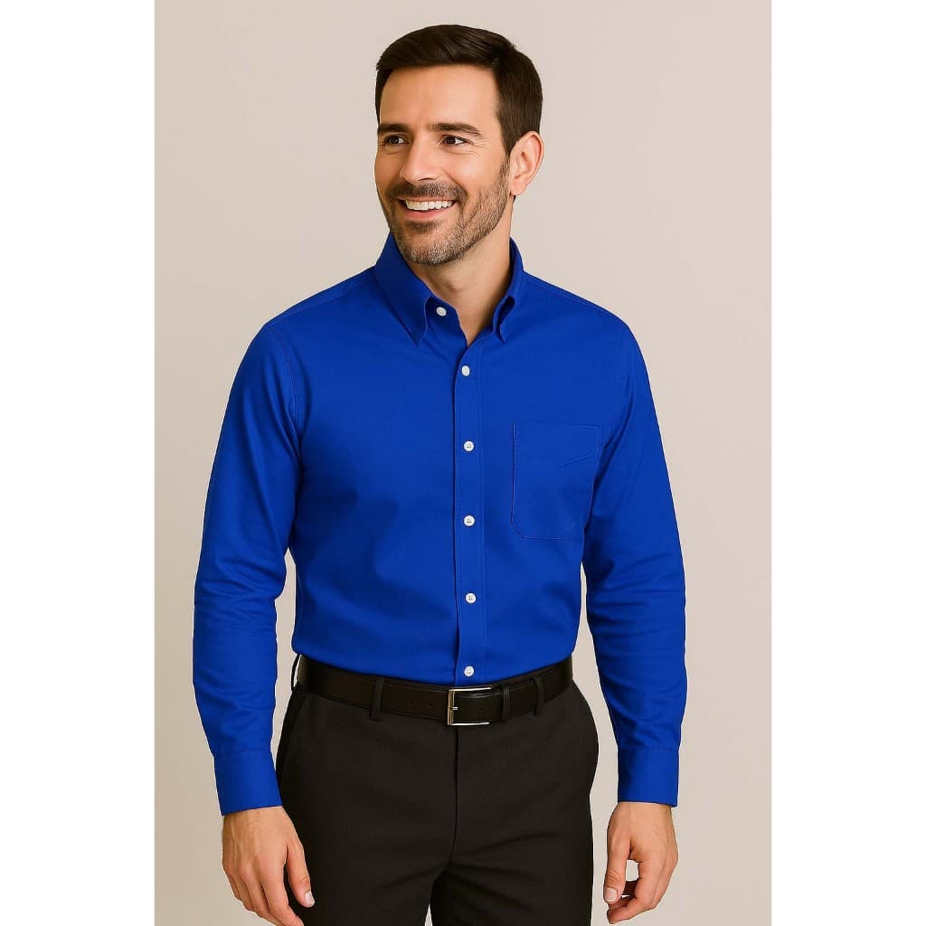 Camisa Social Manga Longa 100% Microfibra Masculina Azul Royal Bic Caneta Bom Pano