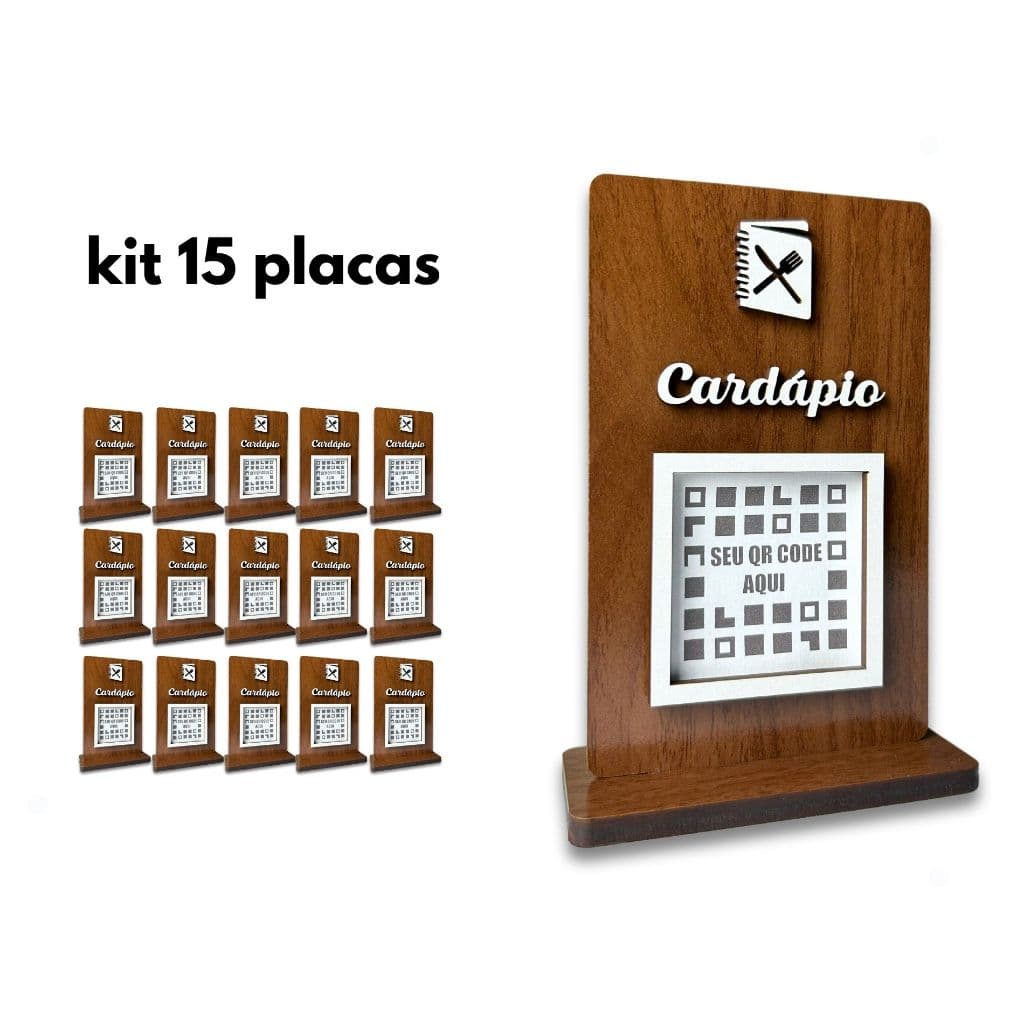 Kit 15 Placas de MDF para Cardápio com QR Code | Display de Mesa em Madeira para Menu Digital