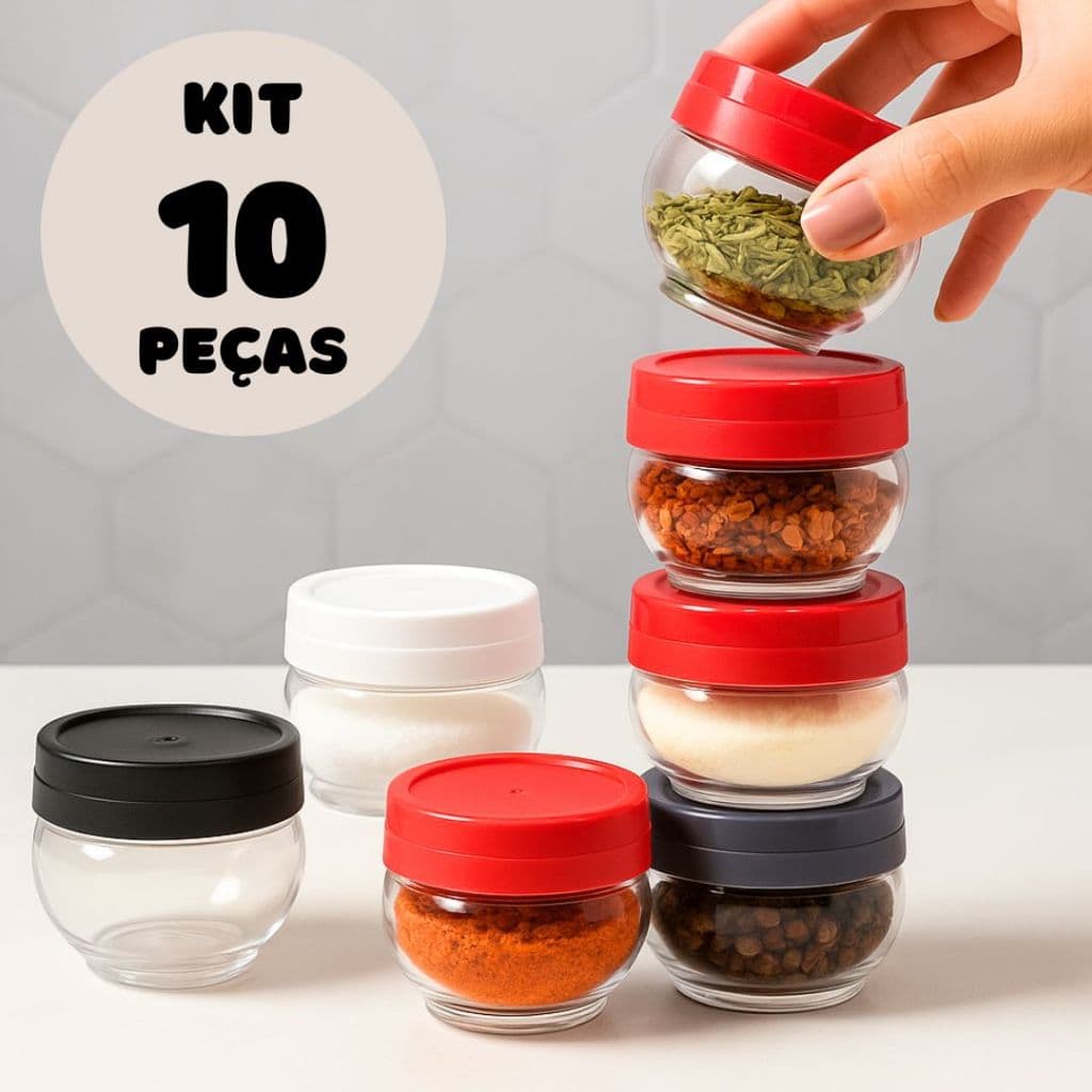 KIT 10 Jogo Potes Potinhos Organizador Plasútil Gire Trave 155 mL Kit Porta Temperos Condimentos